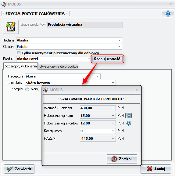 Ekran: Szacowanie kosztu produktu (Edycja pozycji zamówienia) 