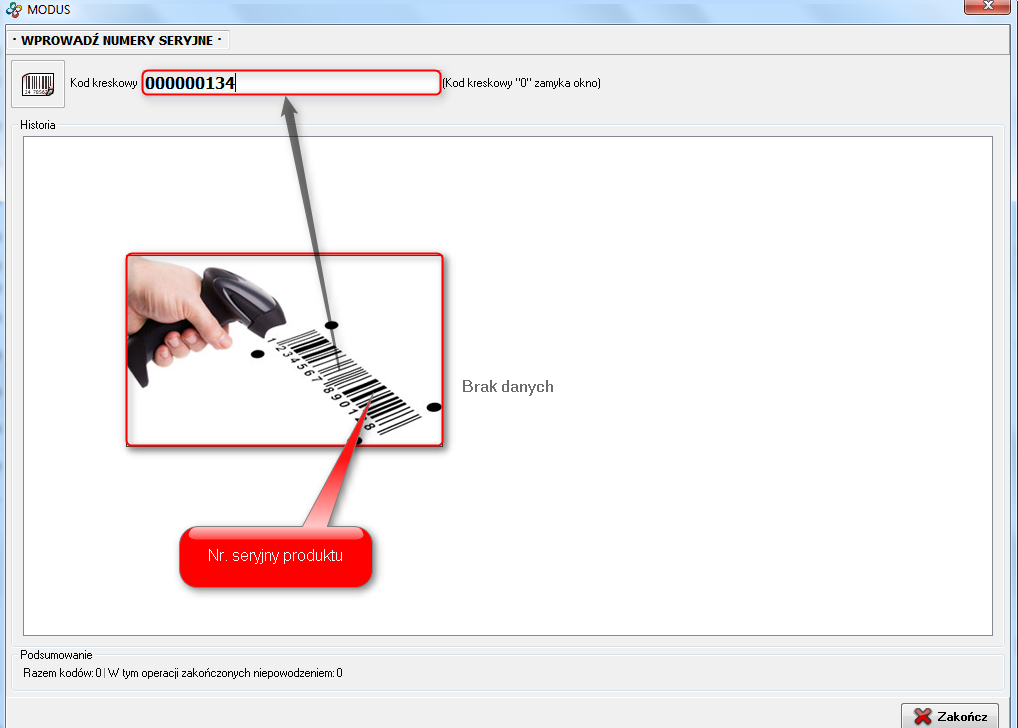 Ekran Rejestracji wykonania produkcji na terminalu produkcyjnym z wykorzystaniem czytnika kodów kreskowych