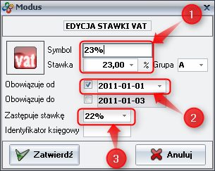 Ekran 1: Okno edycji stawki Vat Ekran 1: Okno edycji stawki Vat