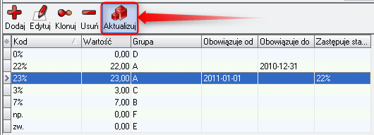 Funkcja aktualizacji stawek 