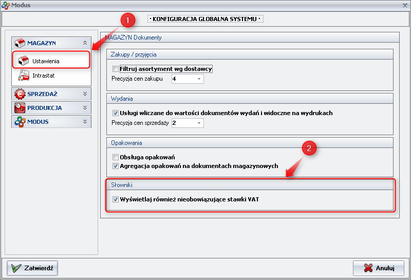 Ekran 3: Okno konfiguracji globalnej systemu