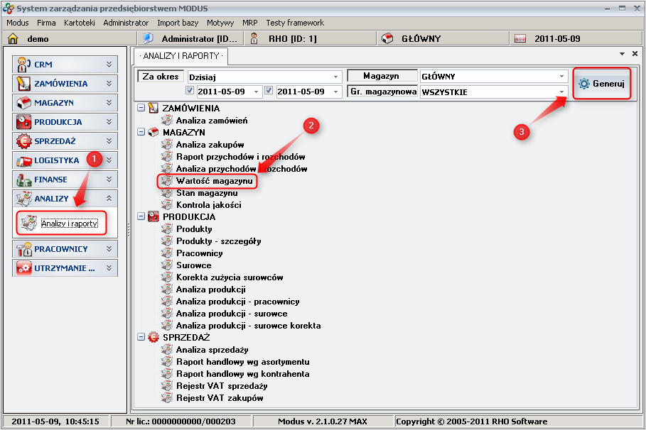 Ekran: Generowanie raportu wartość magazynu 