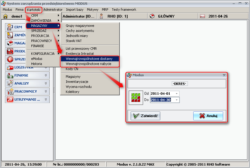 Ekran: Wewnątrzwspólnotowe dostawy/nabycia