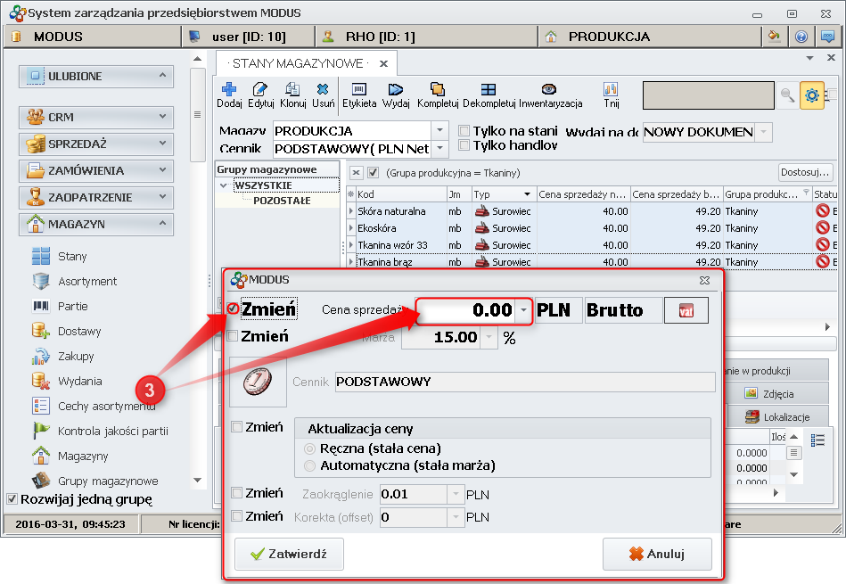 Ekran: Określanie ceny sprzedaży wybranych produktów 