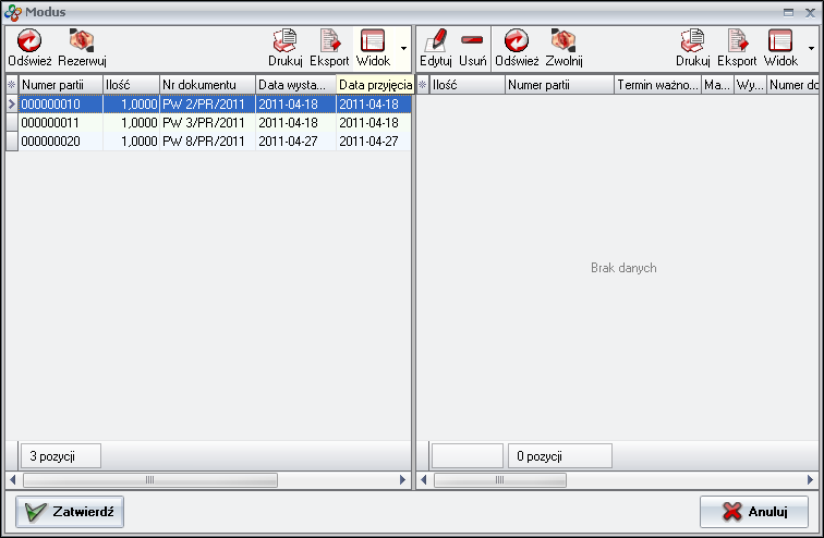 Ekran: Wybór partii wydawanego asortymentu