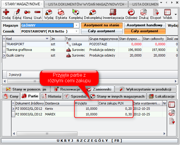 Ekran: Partie asortymentu z różną ceną zakupu 