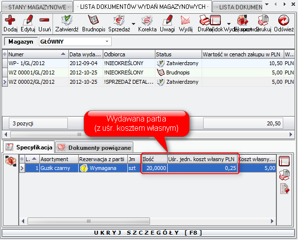 Ekran: Uśredniony jednostkowy koszt własny 