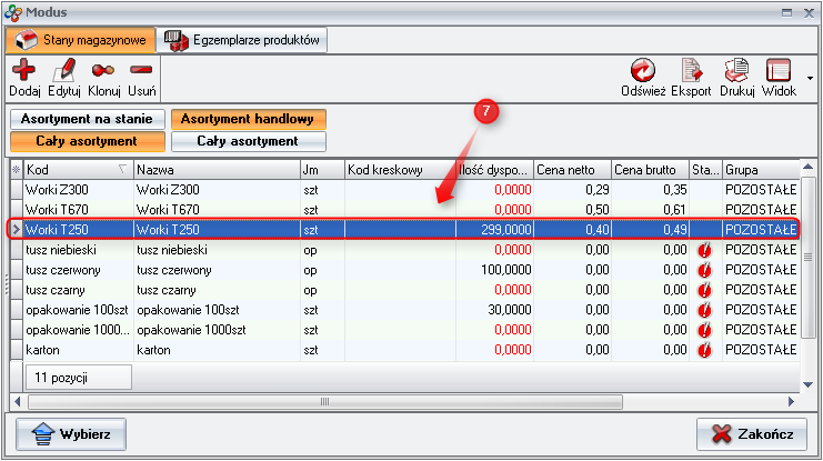 Ekran: Wybór wydawanego asortymentu