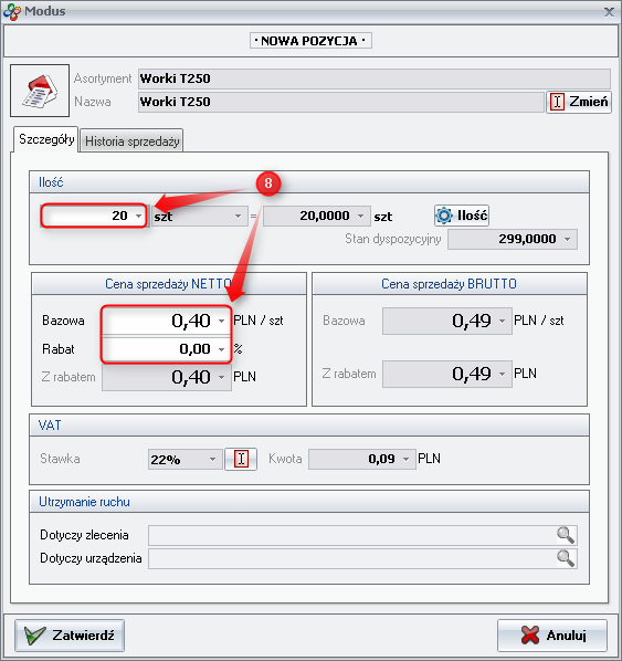 Ekran: Określenie ilości i ceny wydawanego asortymentu