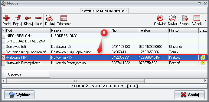 Ekran: Wybór kontrahenta
