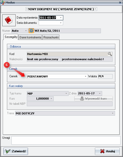 Ekran: Nowy dokument WZ
