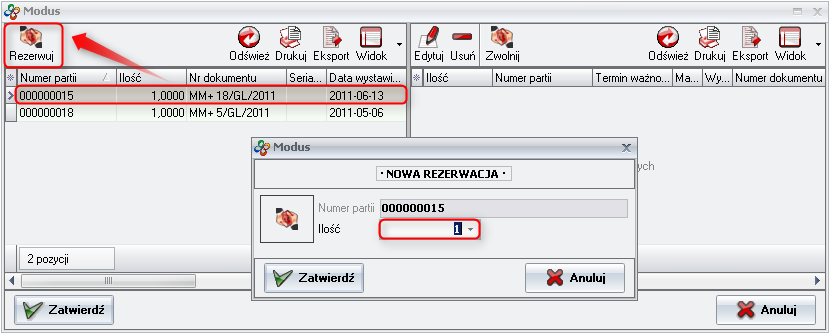 Ekran: Wybór partii wydawanego asortymentu