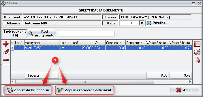 Ekran: Zapisanie dokumentu WZ