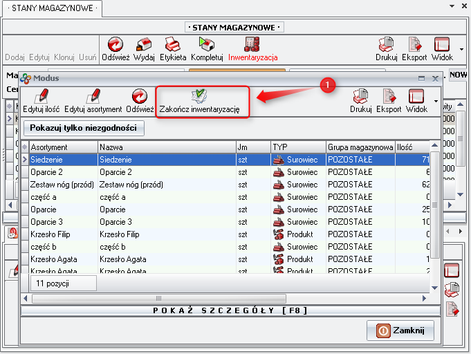 Ekran:  Zakończenie inwentaryzacji