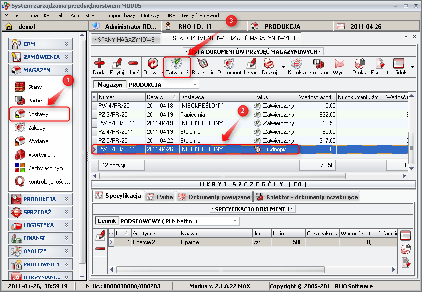 Ekran: Zatwierdzenie dokumentu PW
