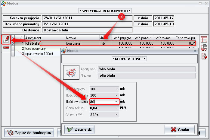 Ekran: Określenie ilości zwracanego asortymentu