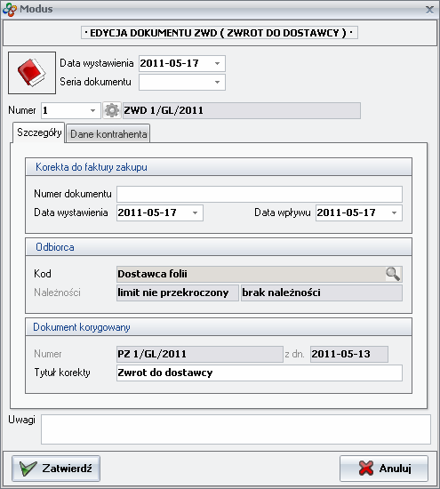 Ekran: Nowy dokument ZWD
