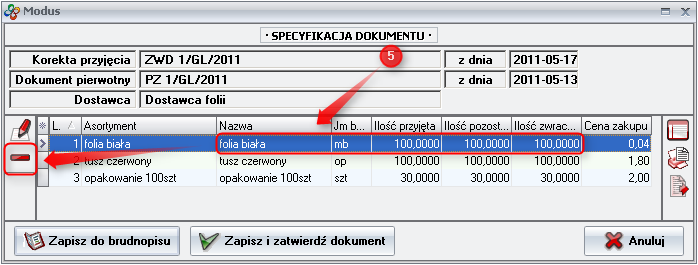 Ekran: Usunięcie asortymentu nie podlegającej zwrotowi