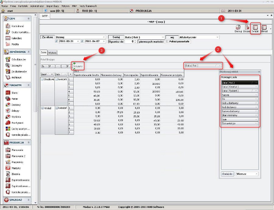 Ekran 7: Modyfikacja raportu MRP