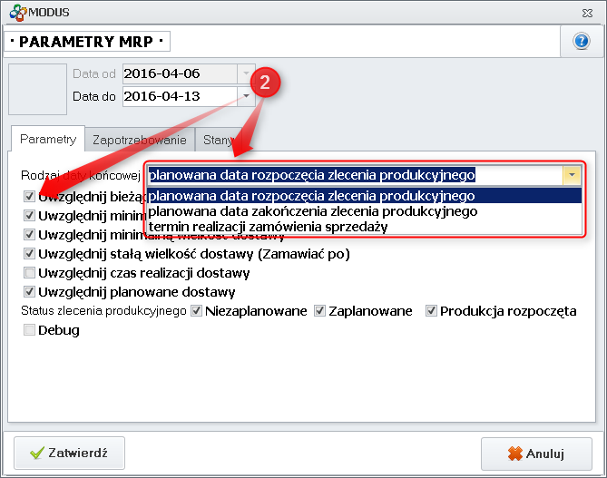 Ekran 5: Definiowanie parametrów modułu MRP