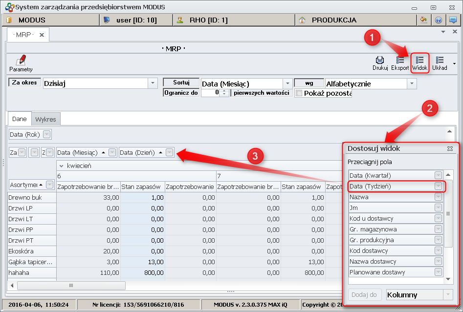 Ekran 7: Modyfikacja raportu MRP