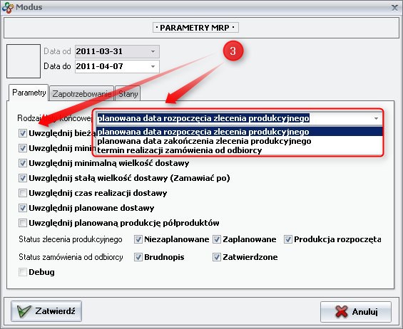 Ekran 5: Definiowanie parametrów modułu MRP