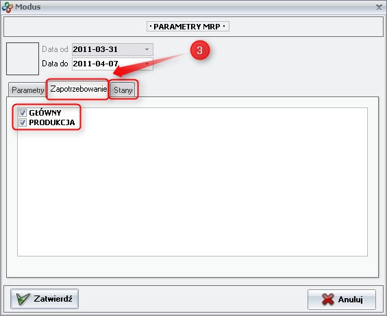 Ekran 6: Definiowanie parametrów modułu MRP