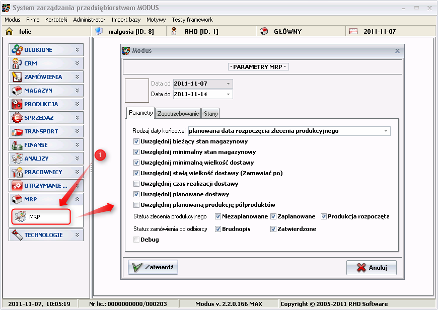 Ekran 4: Okno "Uruchamianie modułu MRP"
