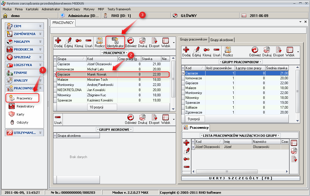 Ekran: Drukowanie identyfikatora pracownika 