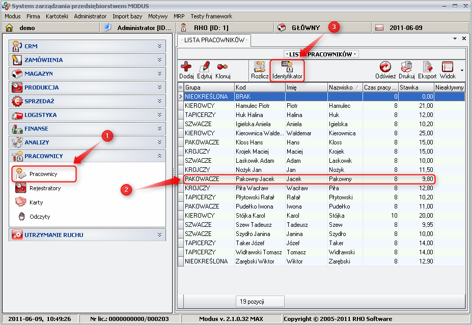 Ekran: Drukowanie identyfikatora pracownika 