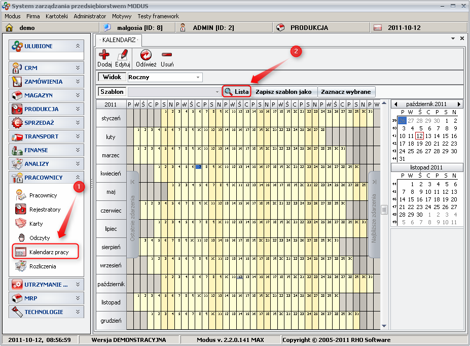 Ekran: Kalendarz pracy 
