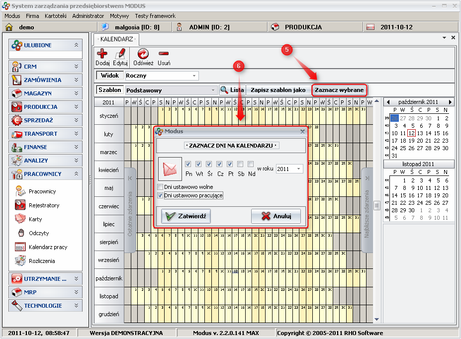 Ekran: Oznaczenie dni w szablonie 