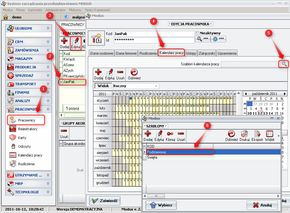Ekran: Wybór szablonu w kalendarzu pracy pracownika