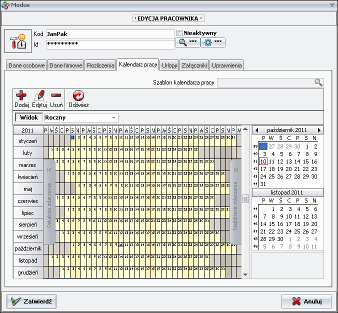 Ekran: Kalendarz pracy 