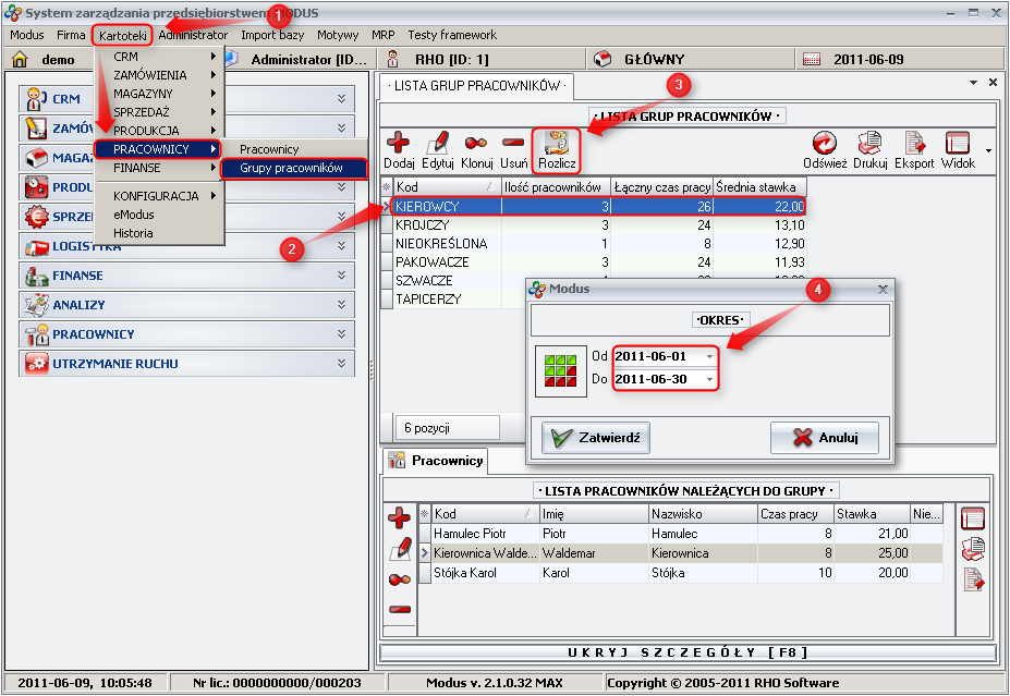 Ekran: Generowanie wydruku z rozliczeniami grupy pracowników 
