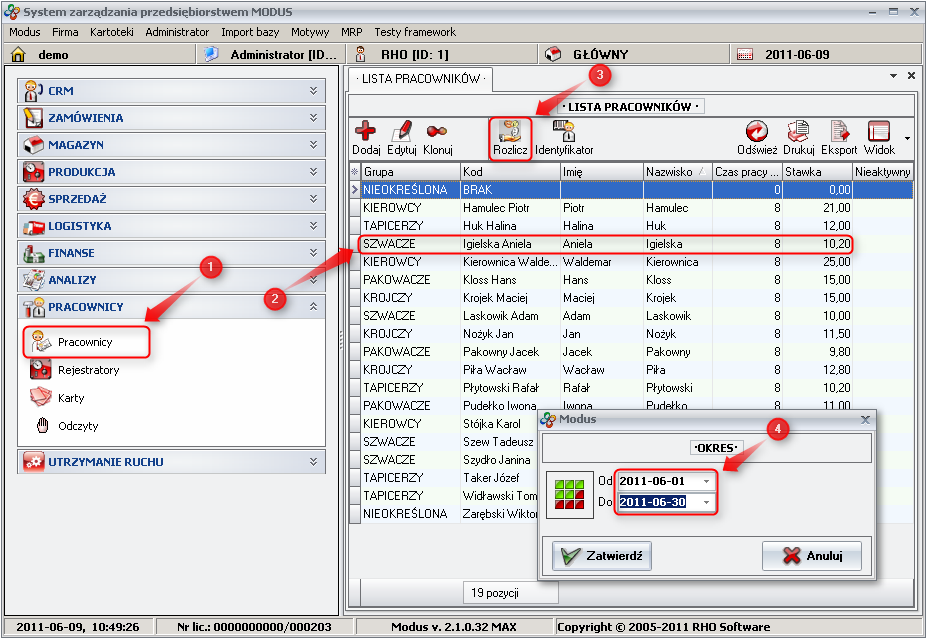 Ekran: Generowanie wydruku z rozliczeniem pracownika 