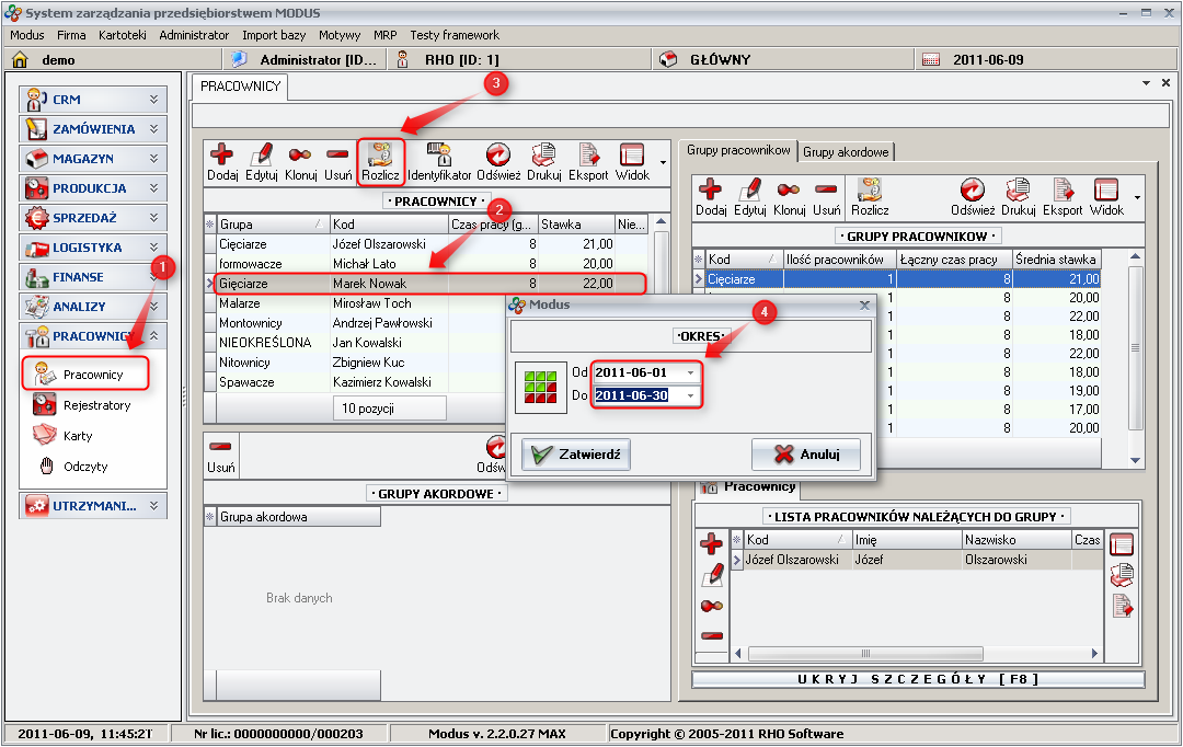 Ekran: Generowanie wydruku z rozliczeniem pracownika