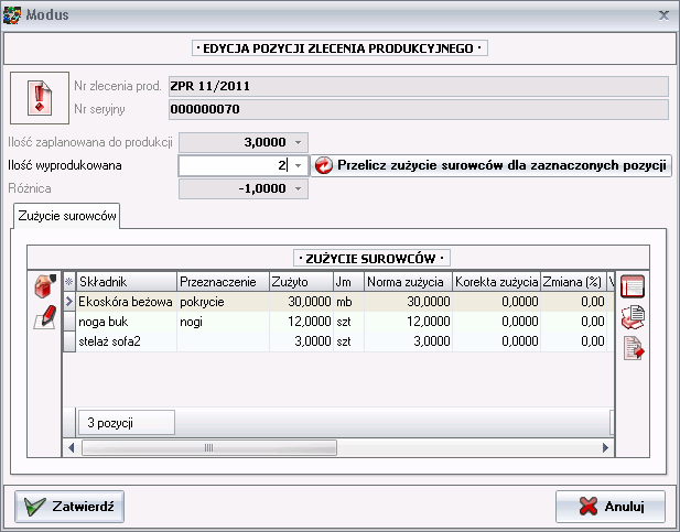 Ekran: Edycja ilości wyprodukowanej