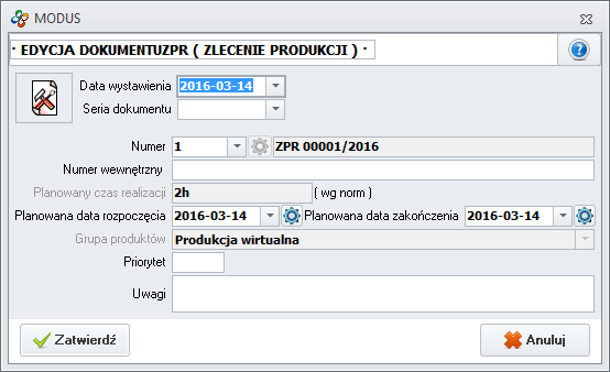 Ekran: Edycja zlecenia produkcyjnego