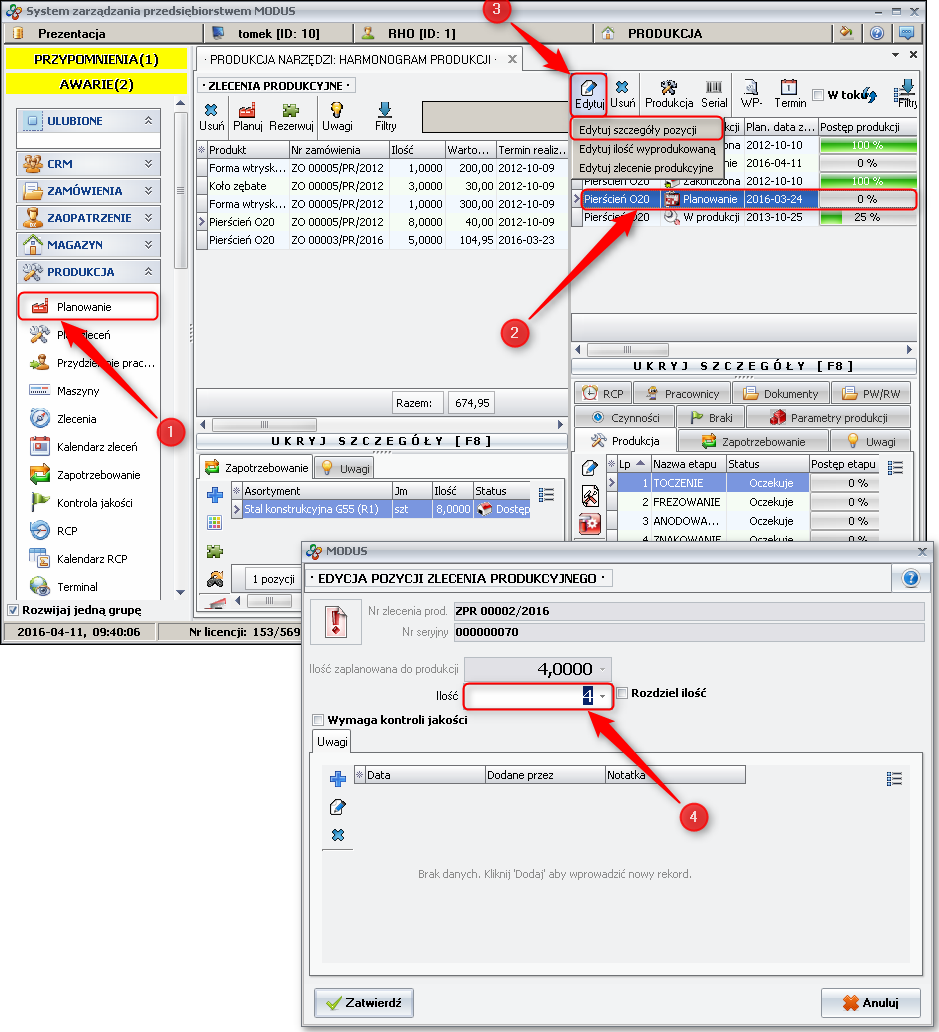 Ekran: Zmiana ilości zaplanowanej do produkcji 