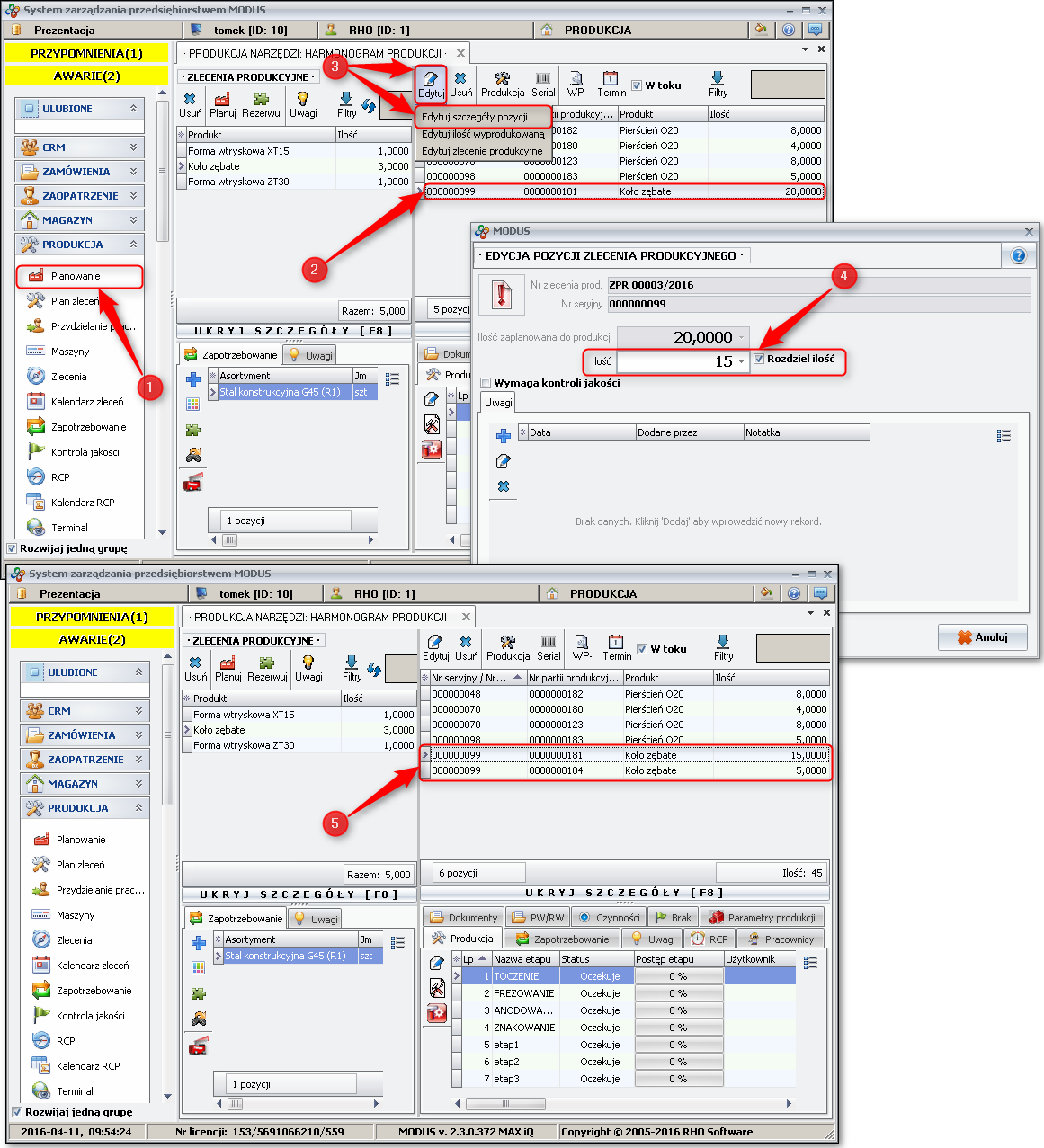 Ekran: Zmiana ilości zaplanowanej do produkcji 