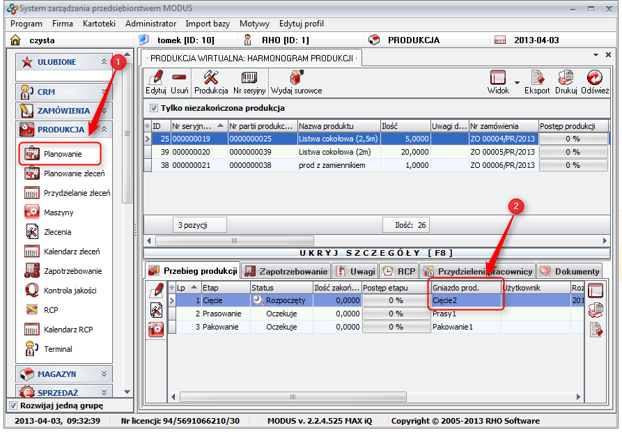 Ekran:Gniazdo produkcyjne na którym zaplanowano produkcję 