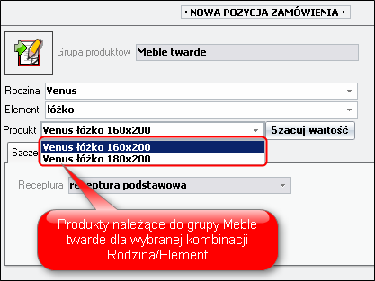 Zamawianie produktu (grupa z rodzinami i elementami) 