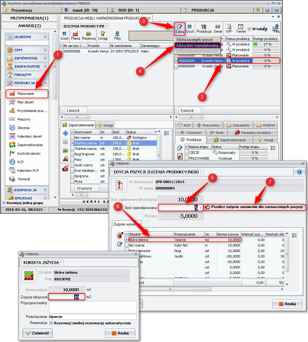 Ekran: Edytuj ilość wyprodukowaną
