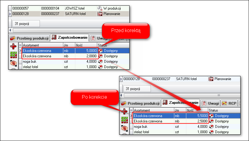 Ekran: Korekta zużycia surowca (jednej partii) 