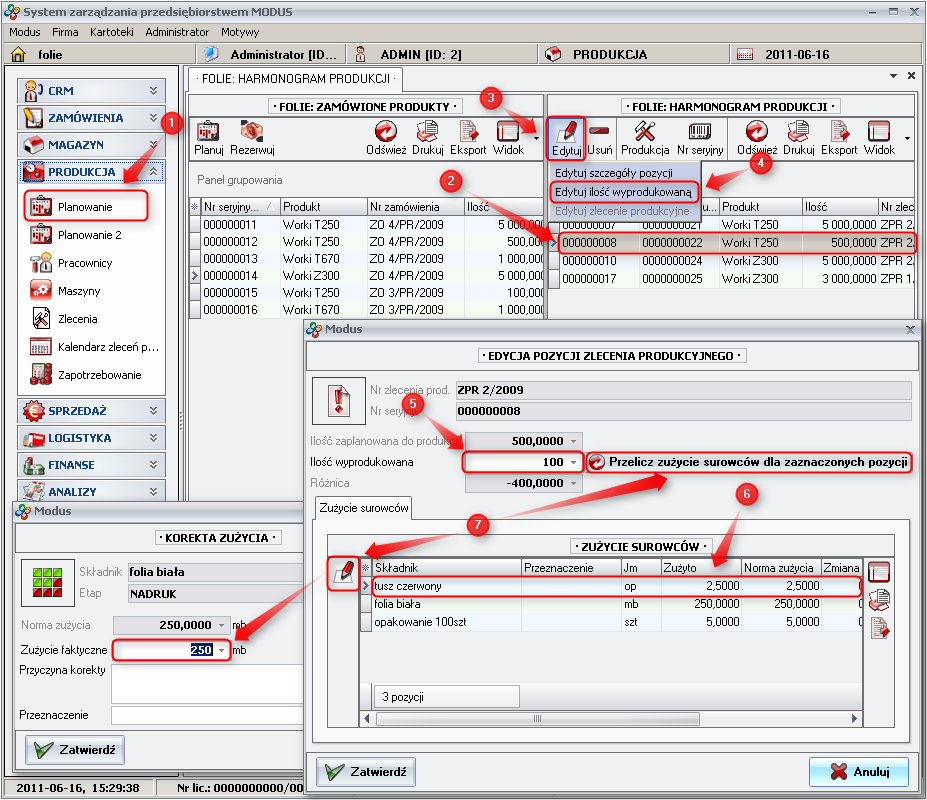 Ekran: Edytuj ilość wyprodukowaną