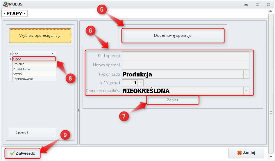 Wybór/definiowanie operacji technologicznych  
