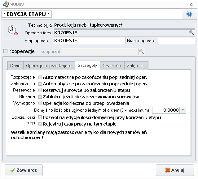 Opcje etapu technologii produkcji