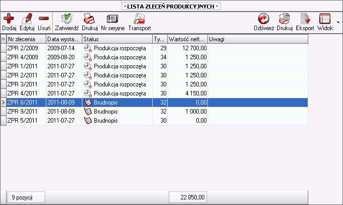 Ekran: Okno Lita zleceń produkcyjnych