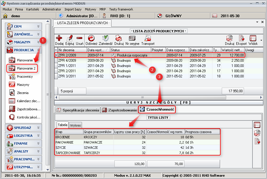 Ekran: Czasochłonność zlecenia (tabela)